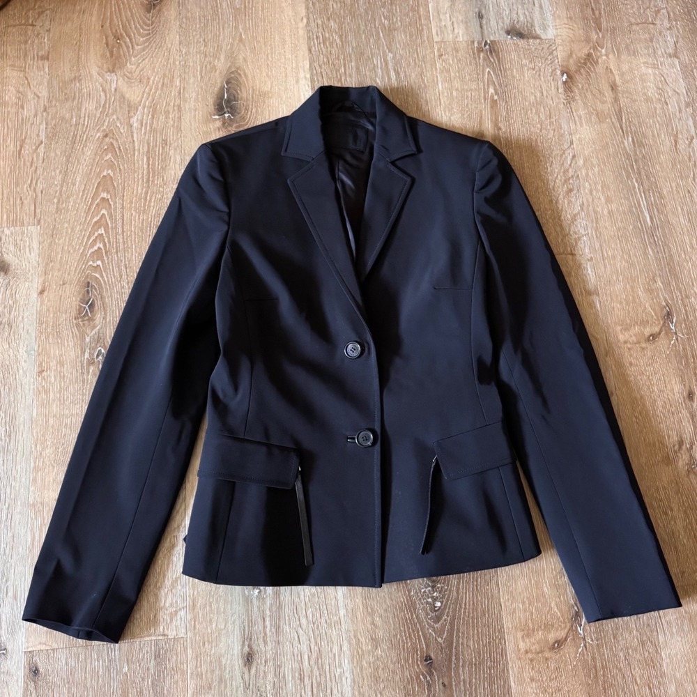 Prada Black Tailored Blazer Jacket Leather Trim‎ Zippers Size 40 Made in Italy